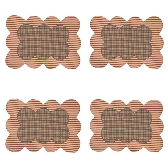 Set of 4 Summers Edge Placemat Set Red Blue Tan Country Picnic Scalloped Striped - Picture 5 of 12